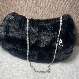 Vintage Y2K Black Faux Fur Shoulder Bag with Silver Chain